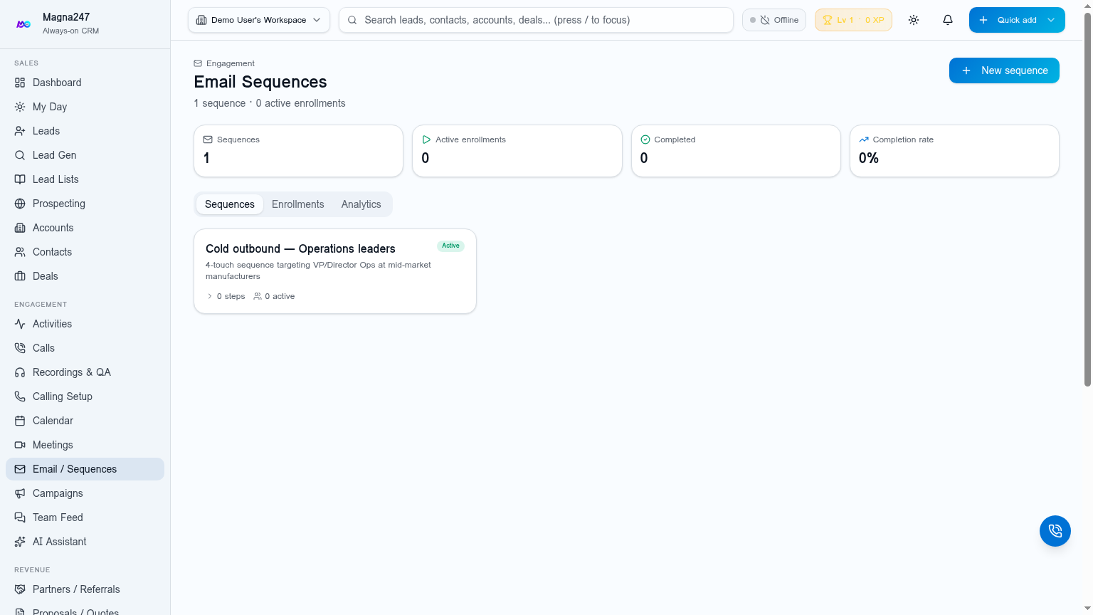Magna247 multi-step email sequence builder with enrollment settings